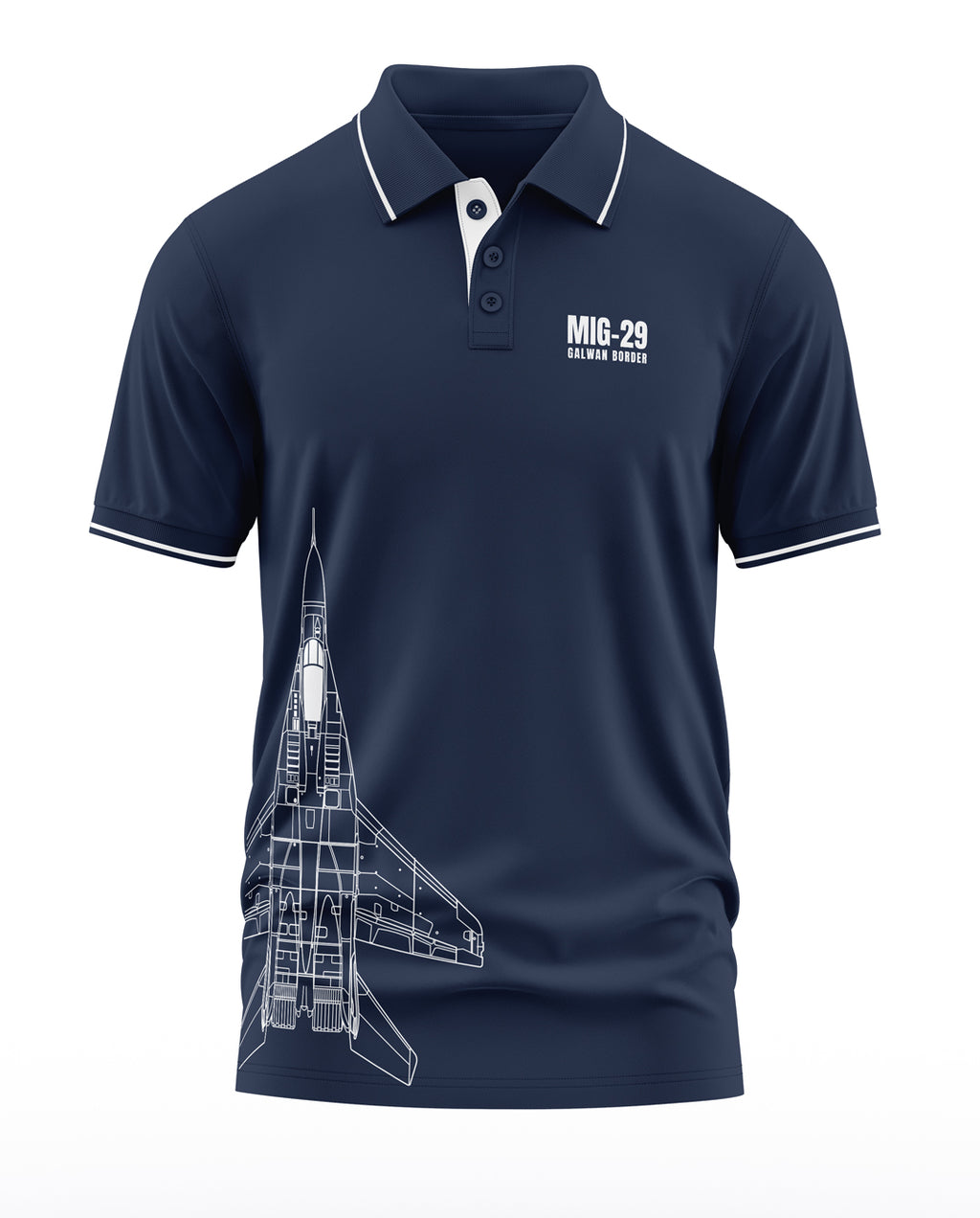 Navy blue men's polo t-shirt with MIG-29 Galwan Border text and fighter jet graphic