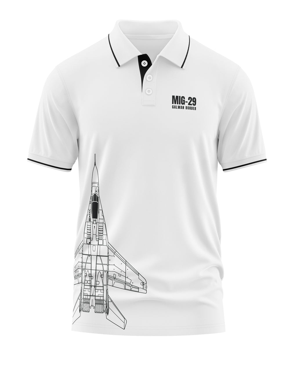 White polo t-shirt for men with MIG-29 Galwan Border text and jet graphic print