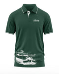 Dark green men's polo t-shirt with white Arjun Main Battle Tank print and contrast trim