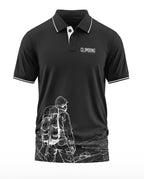 Black men's polo t-shirt featuring 'Climbing Top of the World' text and mountain hiker graphic.