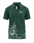 Green men's polo t-shirt with 'Climbing' text and mountain climber graphic print