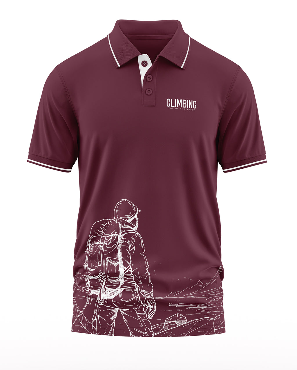 Maroon men's polo t-shirt with hiker graphic and 'Climbing Top of the World' text
