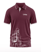Maroon men's polo t-shirt with hiker graphic and 'Climbing Top of the World' text