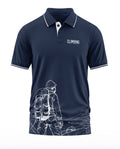 Navy blue polo t-shirt with mountain climber graphic, climbing print, and white trim details.