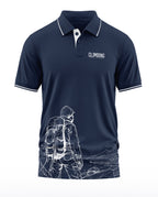 Navy blue polo t-shirt with mountain climber graphic, climbing print, and white trim details.