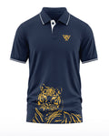 Navy blue men's polo t-shirt with tiger graphic and white trim, short sleeves