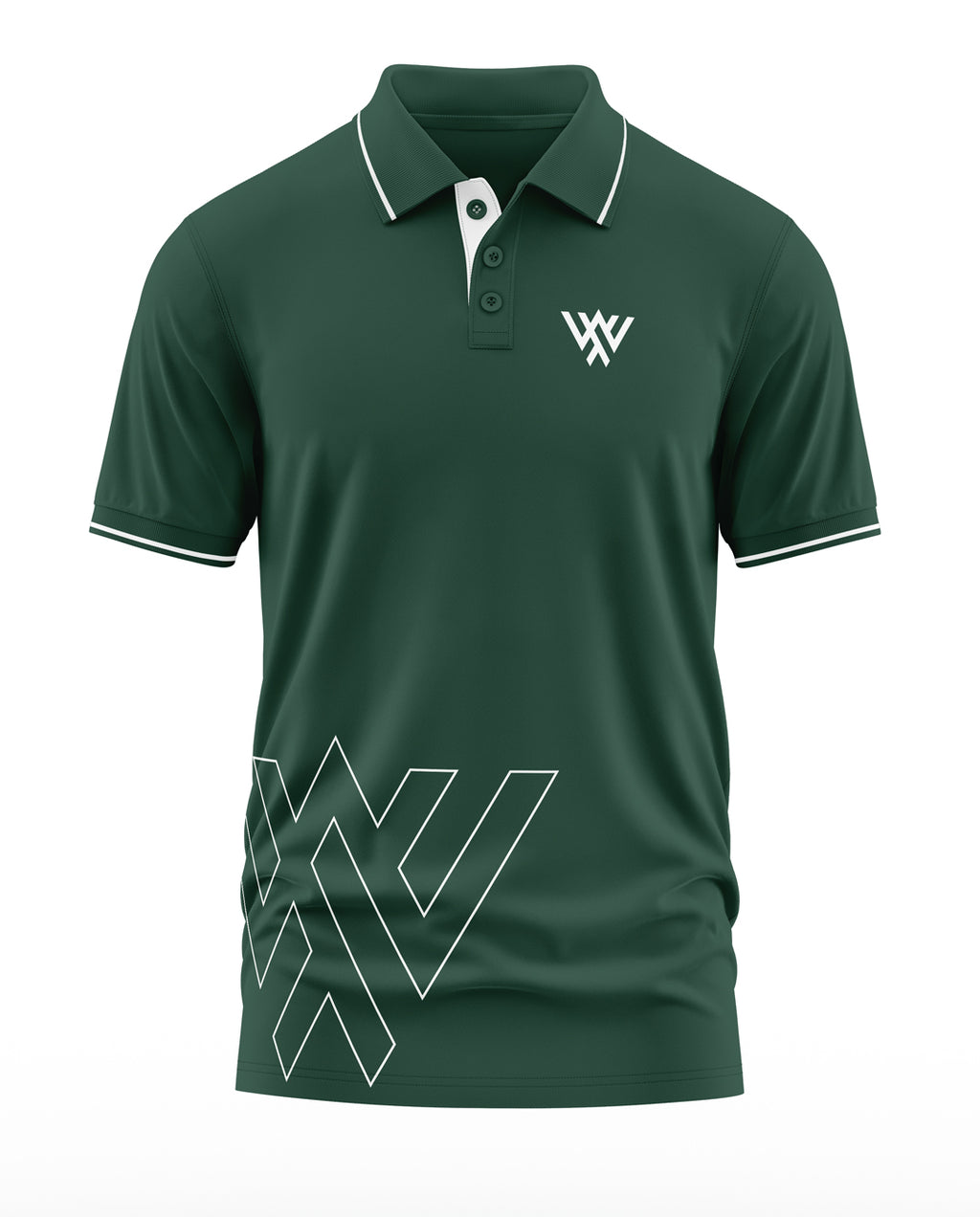Men's green polo T-shirt with white piping, button placket, and bold geometric design