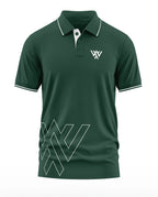 Men's green polo T-shirt with white piping, button placket, and bold geometric design
