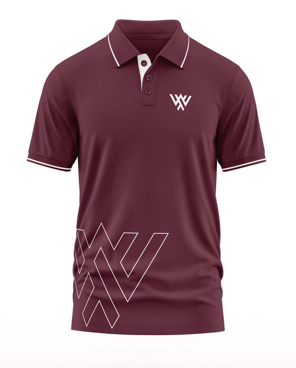 Men's maroon polo t-shirt with white geometric design and short sleeves