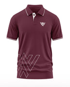 Men's maroon polo t-shirt with white geometric design and short sleeves