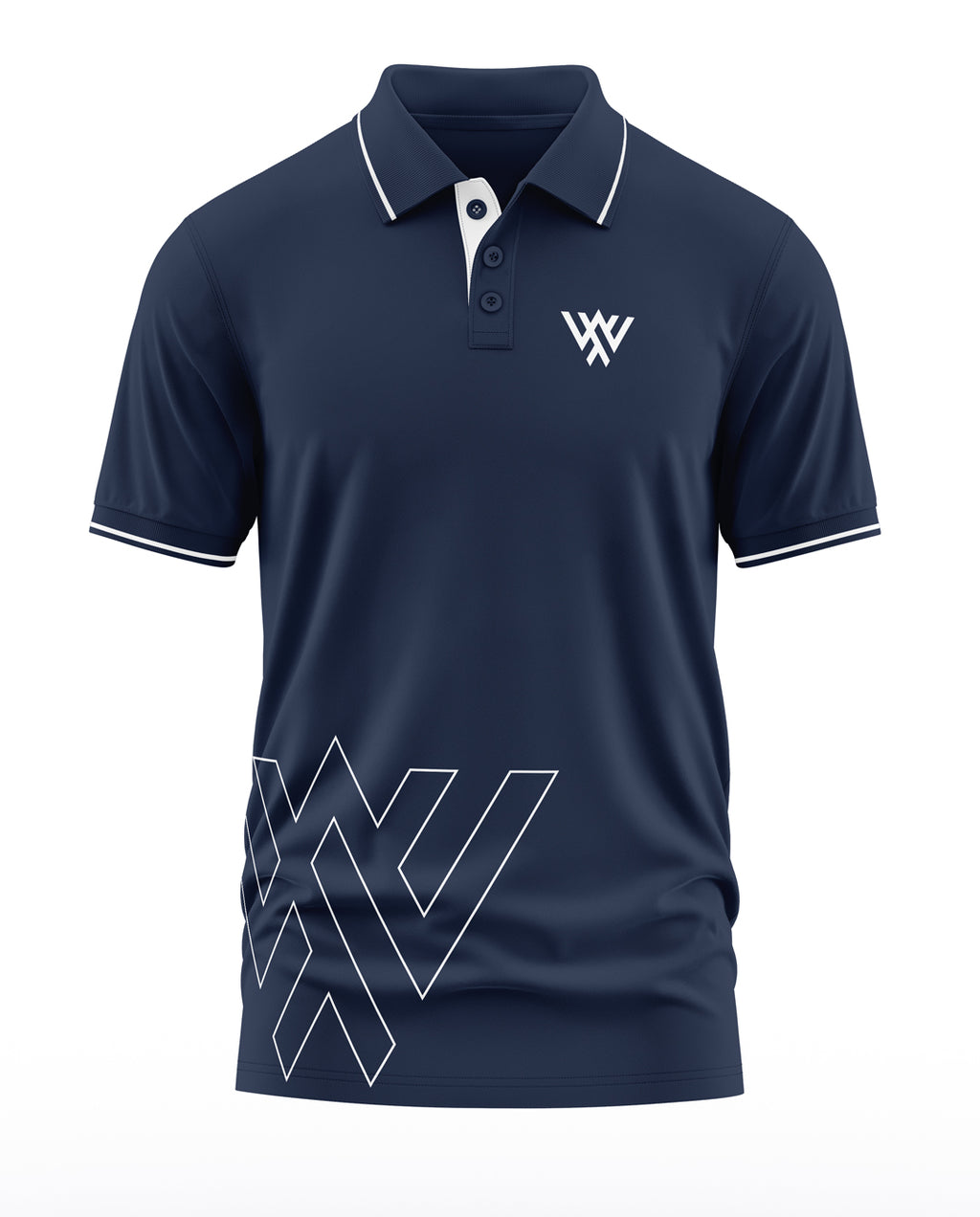 Men's navy blue polo t-shirt with white collar trim and geometric chest graphic