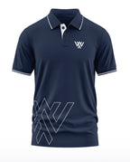 Men's navy blue polo t-shirt with white collar trim and geometric chest graphic