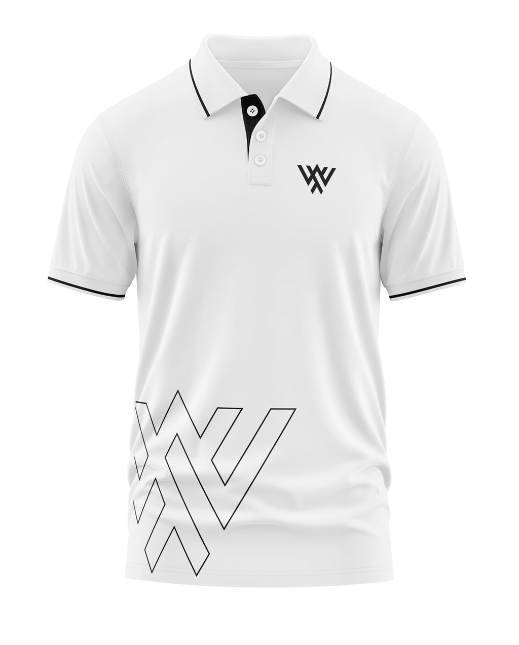 White men's polo t-shirt with black collar trim and geometric design, short sleeves, modern fit