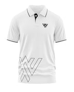 White men's polo t-shirt with black collar trim and geometric design, short sleeves, modern fit