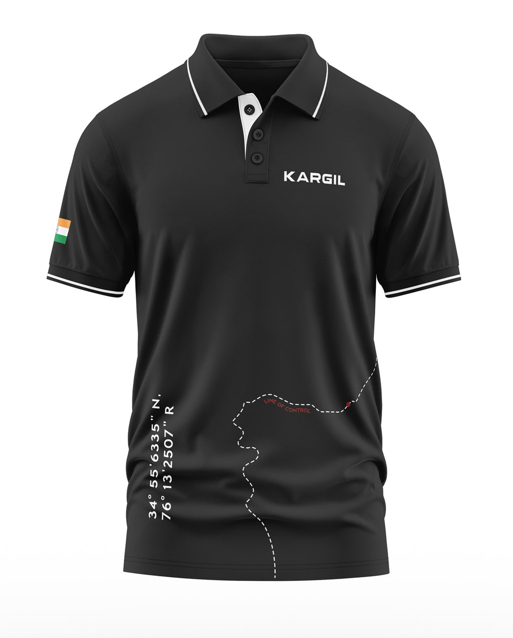 Black polo t-shirt with 'KARGIL' text, Indian flag on sleeve, map and coordinates design.