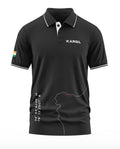 Black polo t-shirt with 'KARGIL' text, Indian flag on sleeve, map and coordinates design.