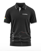 Black polo t-shirt with 'KARGIL' text, Indian flag on sleeve, map and coordinates design.