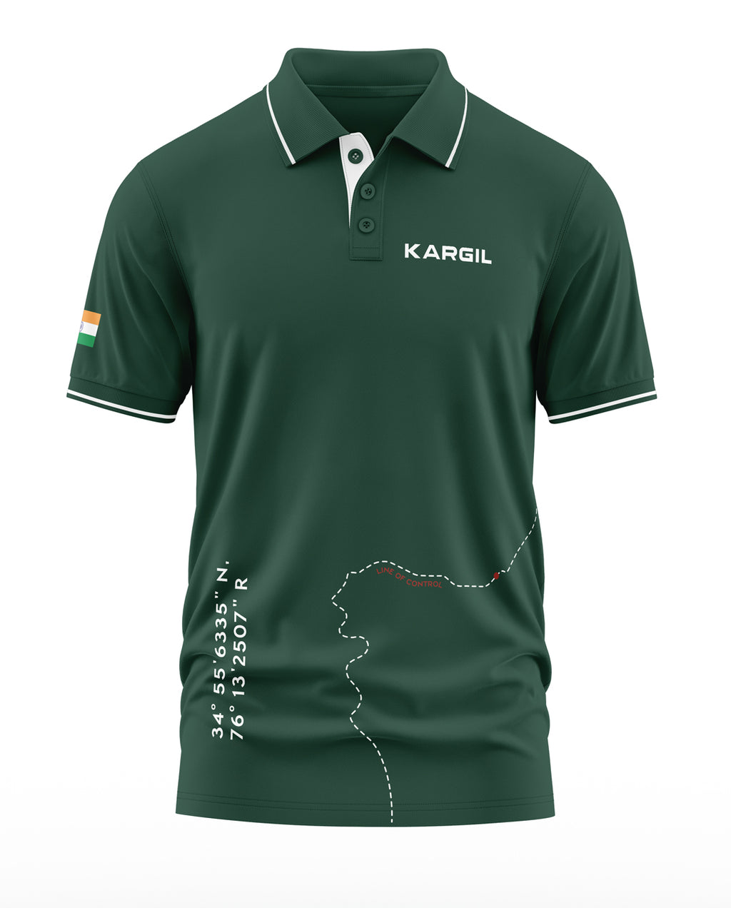 Green men's polo t-shirt with Kargil text, map design, coordinates, and Indian flag sleeve patch