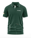 Green men's polo t-shirt with Kargil text, map design, coordinates, and Indian flag sleeve patch