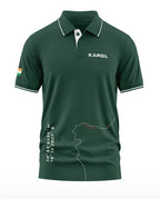 Green men's polo t-shirt with Kargil text, map design, coordinates, and Indian flag sleeve patch
