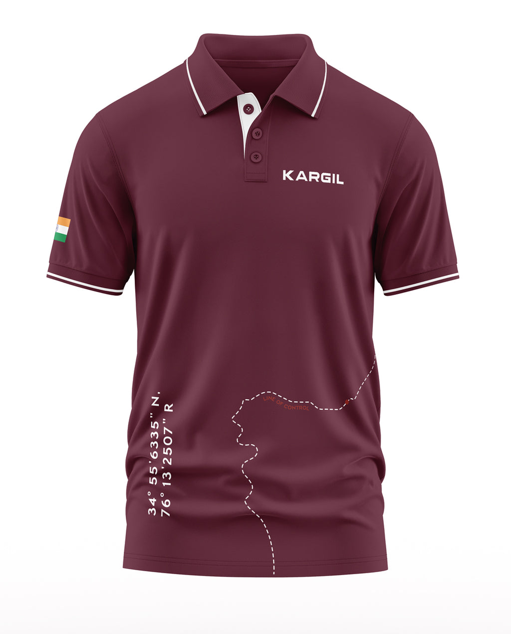 Maroon men's polo T-shirt with 'KARGIL' text, map outline, and Indian flag on sleeve