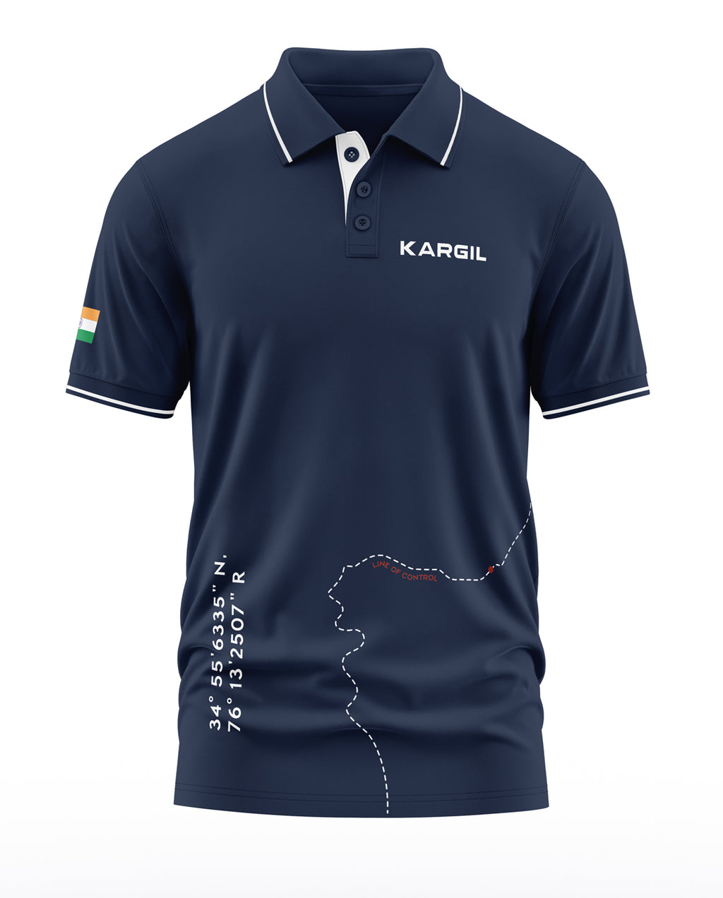 Navy blue men's polo t-shirt with 'KARGIL' text, India flag sleeve, map and coordinates graphic.