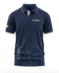 Navy blue men's polo t-shirt with 'KARGIL' text, India flag sleeve, map and coordinates graphic.