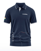 Navy blue men's polo t-shirt with 'KARGIL' text, India flag sleeve, map and coordinates graphic.