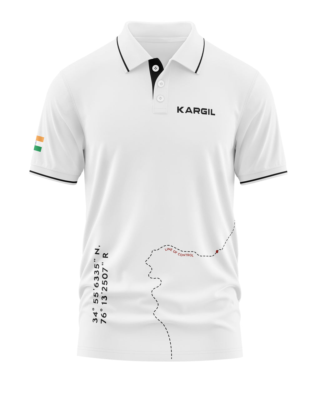 White men's polo t-shirt with 'Kargil' text, line of control map, and Indian flag sleeve print.