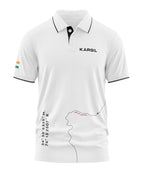 White men's polo t-shirt with 'Kargil' text, line of control map, and Indian flag sleeve print.