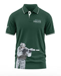 Green polo t-shirt with 'Himalayan' text and soldier graphic in camouflage gear aiming rifle