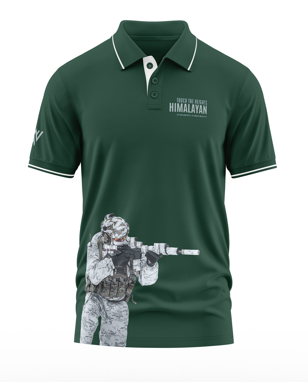 Green polo t-shirt with 'Himalayan' text and soldier graphic in camouflage gear aiming rifle