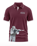 Maroon polo t-shirt with Himalayan text and camouflaged soldier print, men's fashion