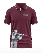 Maroon polo t-shirt with Himalayan text and camouflaged soldier print, men's fashion
