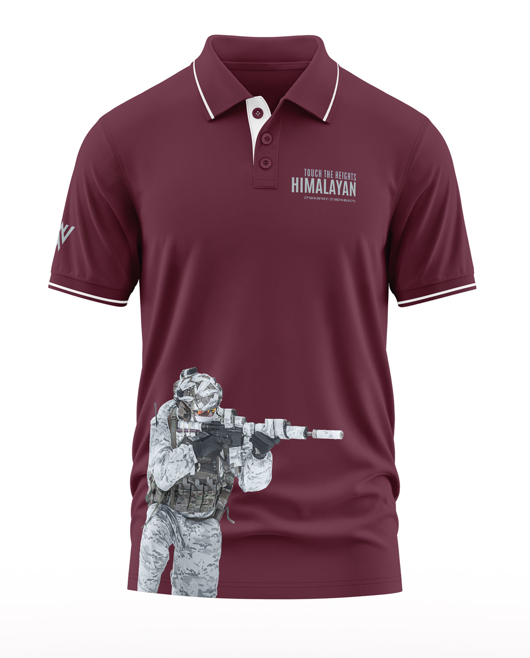 Maroon polo t-shirt with Himalayan text and camouflaged soldier print, men's fashion