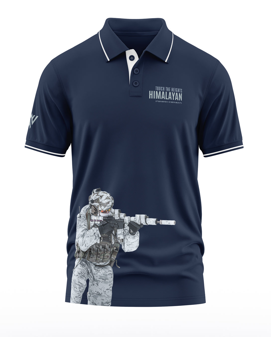 Navy blue men's polo T-shirt with 'Himalayan' text and soldier graphic print on front