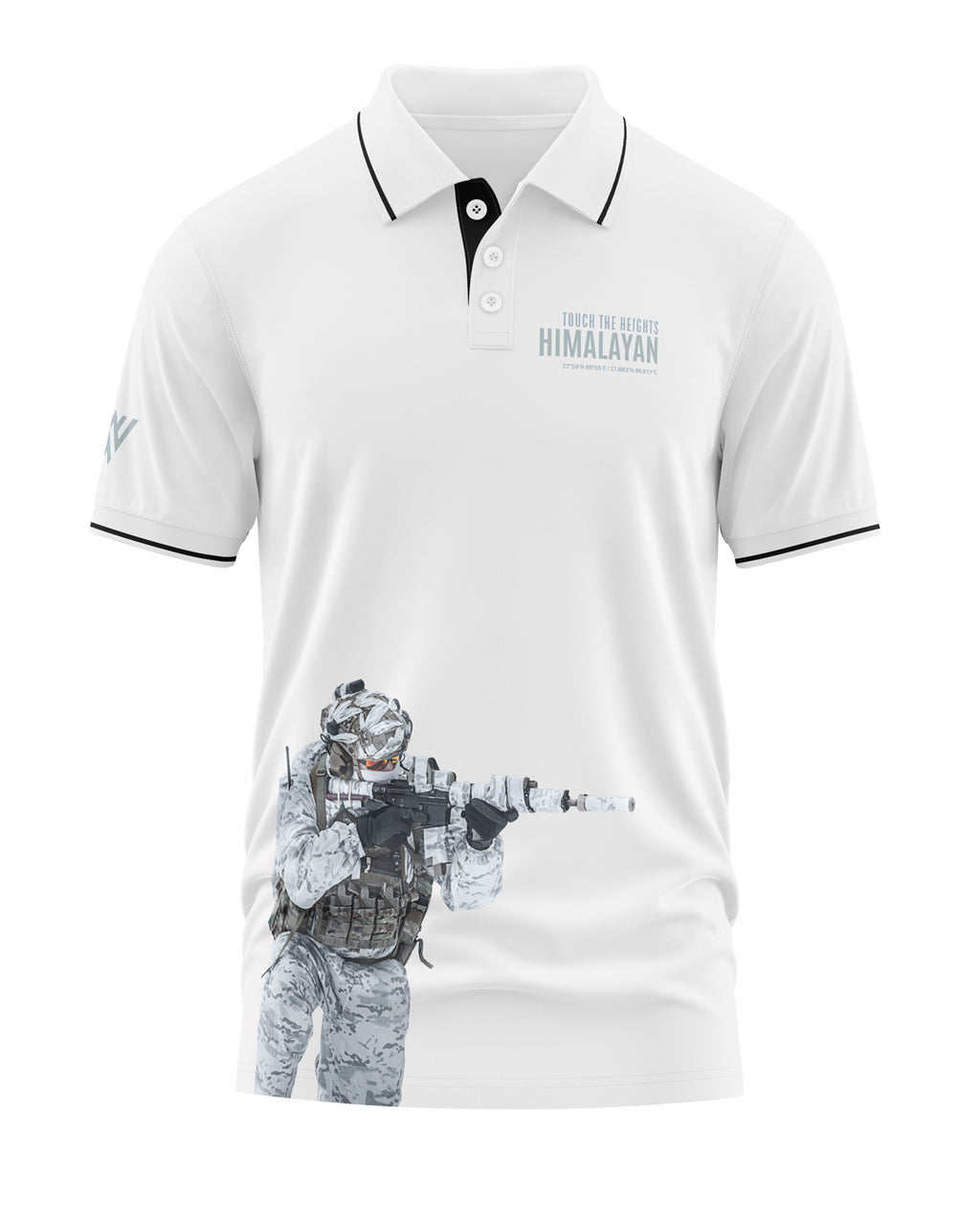 White men's polo t-shirt with Himalayan slogan and graphic of a camouflaged soldier with rifle