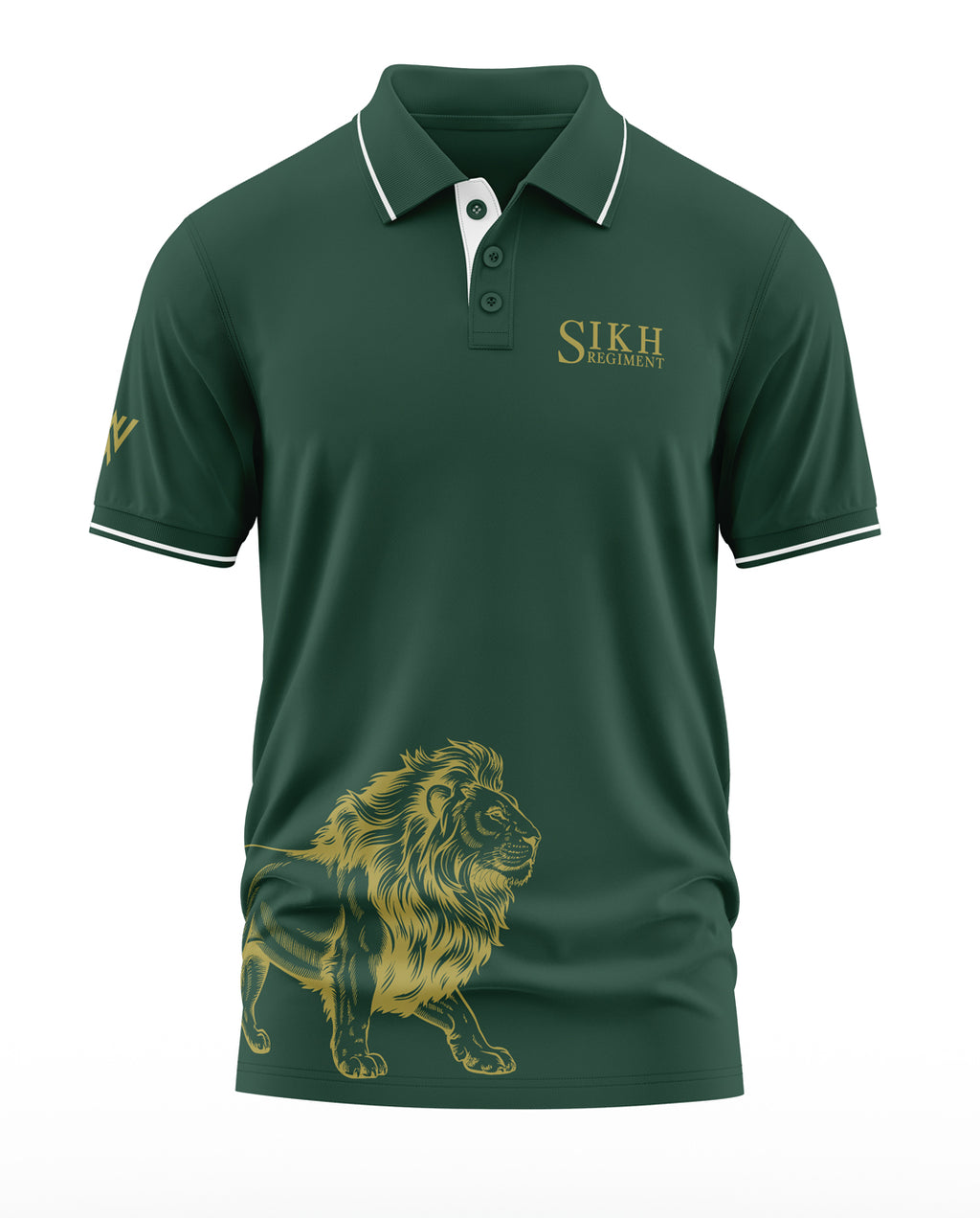 Green men's polo shirt with Sikh Regiment text and gold lion graphic, military-inspired design