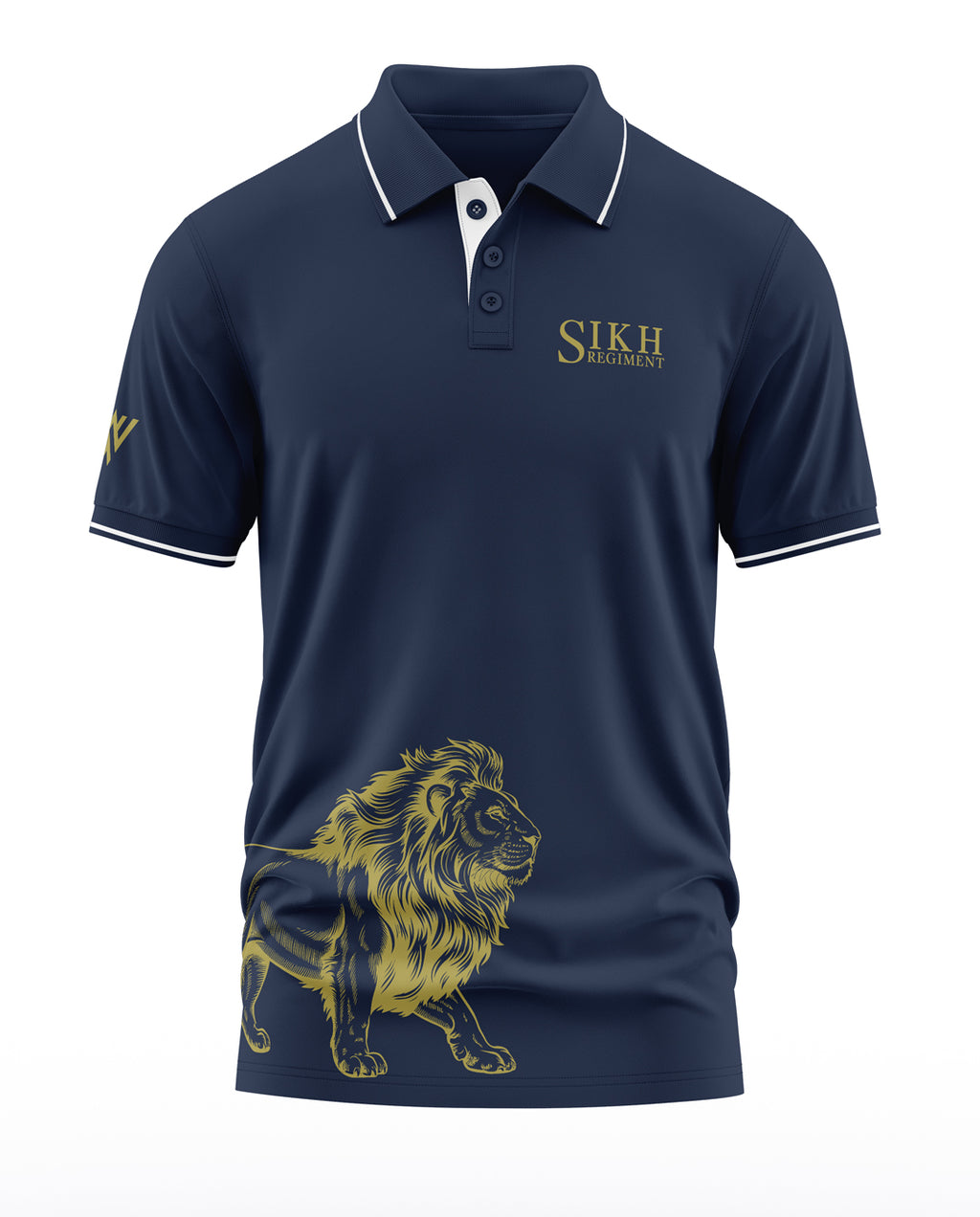 Navy blue men's polo t-shirt with Sikh Regiment print and gold lion graphic design