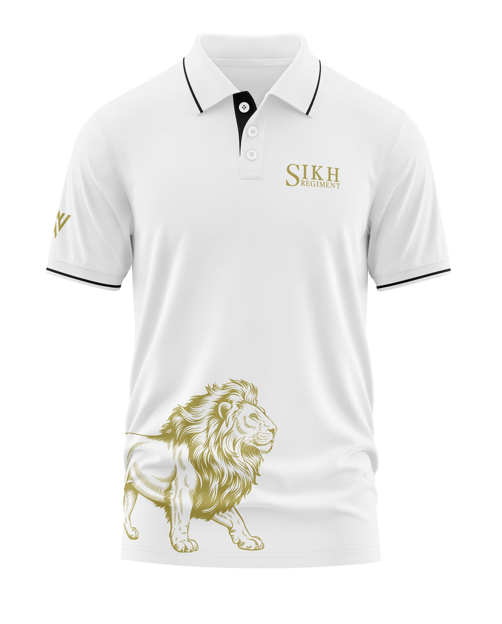 White polo t-shirt with 'Sikh Regiment' text and gold lion graphic, black collar accents