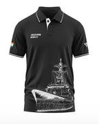 Black Indian Navy polo t-shirt with ship graphic, tricolor sleeve, and front embroidery