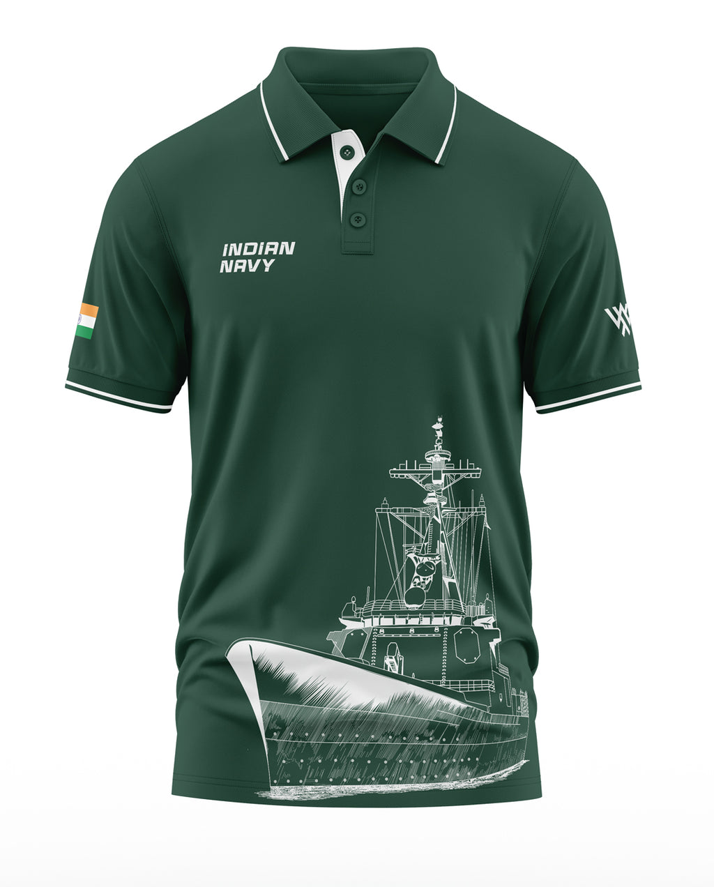 Green Indian Navy polo t-shirt with white ship graphic, flag patch, and contrast collar
