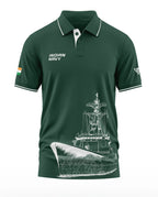 Green Indian Navy polo t-shirt with white ship graphic, flag patch, and contrast collar