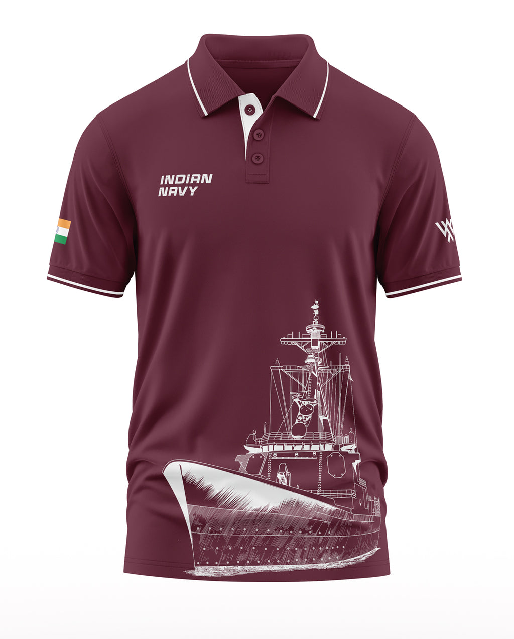 Maroon men's polo t-shirt with Indian Navy text, ship graphic, and Indian flag on sleeve