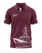 Maroon men's polo t-shirt with Indian Navy text, ship graphic, and Indian flag on sleeve