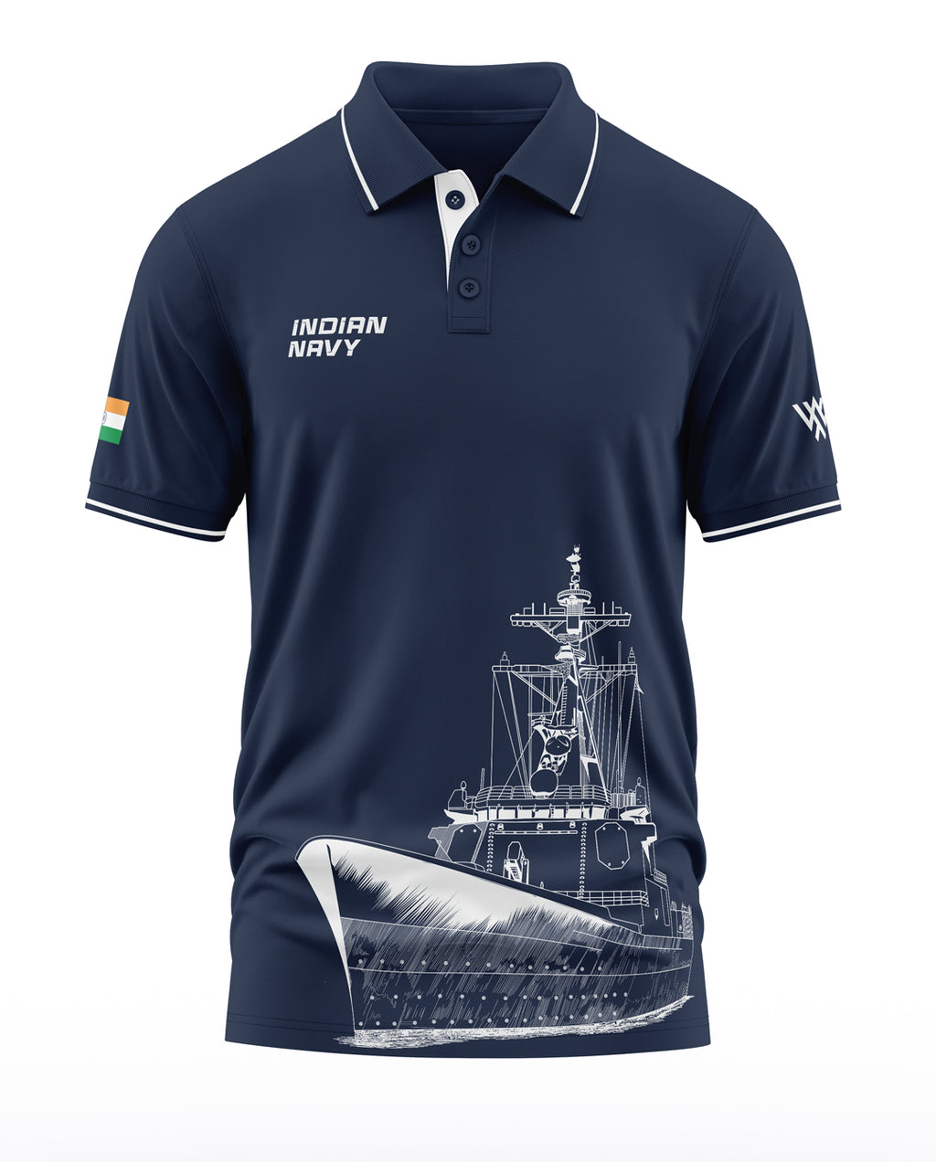 Navy blue Indian Navy polo t-shirt with warship graphic, India flag patch, and military style.