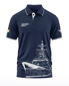 Navy blue Indian Navy polo t-shirt with warship graphic, India flag patch, and military style.