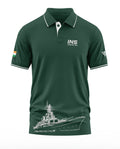 Green polo t-shirt with INS Sumitra-P59 text, ship graphic, and Indian flag sleeve detail