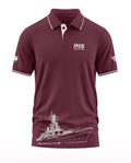 Maroon men's polo t-shirt with INS Sumitra P59 text, navy ship graphic, and Indian flag sleeve patch.