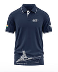 Navy blue men's polo t-shirt with INS Sumitra P59 print, warship graphic, Indian flag sleeve detail